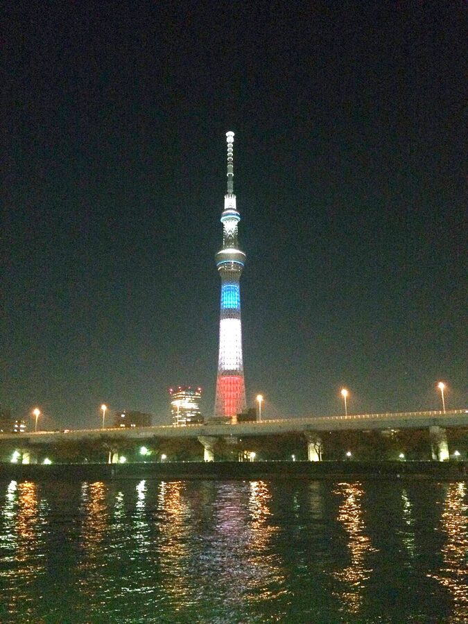 Tokyo Skytree illuminated in French flag colours November 2015
