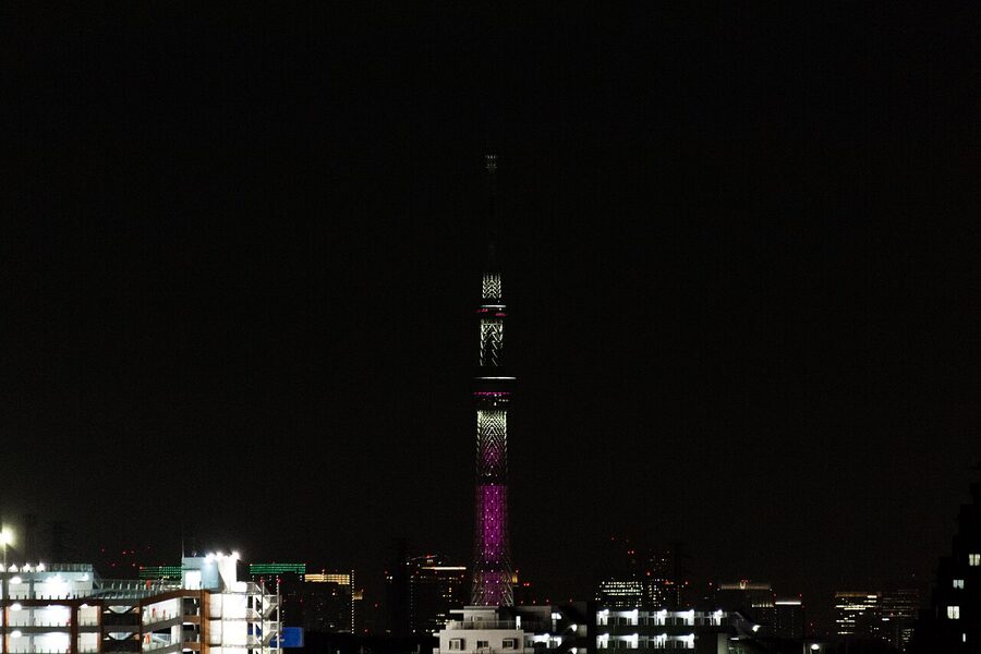 Tokyo Skytree pink ribbon illumination viewed from Matsudo Chiba