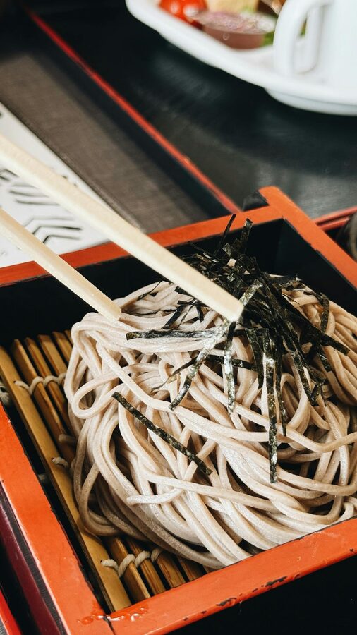 Soba noodles served with seaweed in traditional Japanese style
