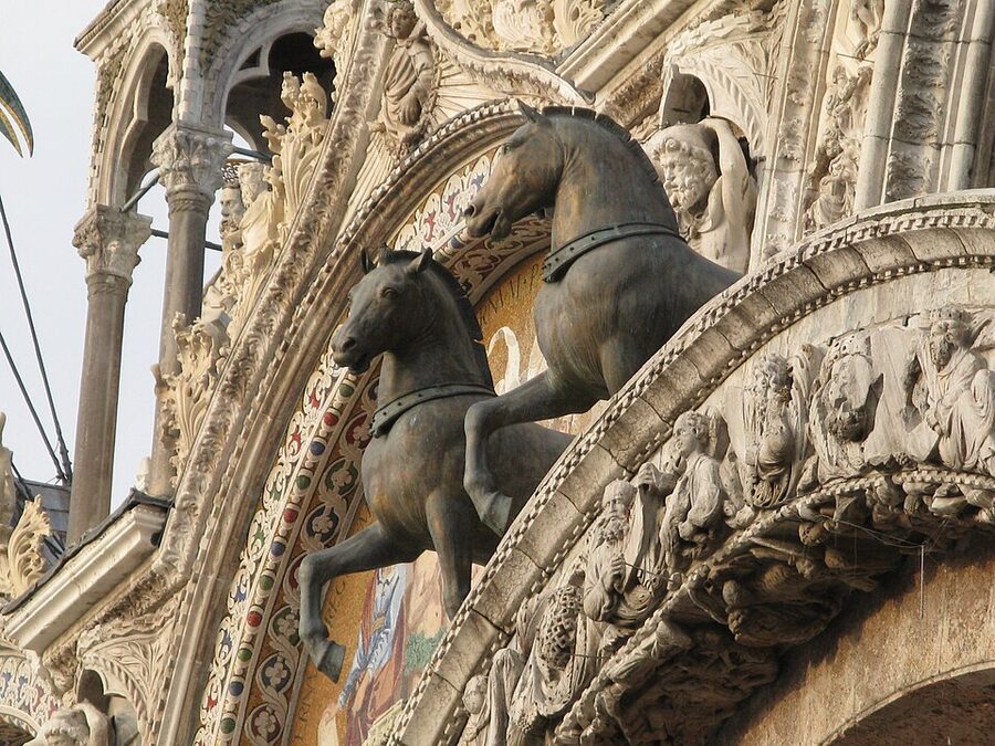Horses of Saint Mark replicas on basilica loggia Venice