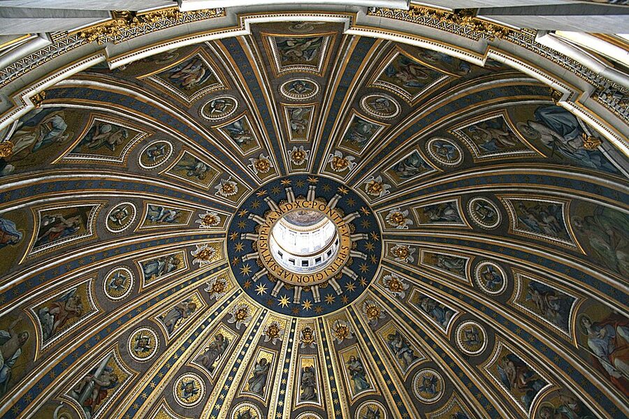 Interior view of St Peter's Basilica dome looking up at the mosaics