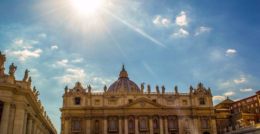 St Peter's Basilica facade with the 13 statues of Christ and the Apostles on top