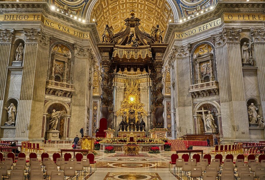 St Peter's Basilica illuminated in the evening with the dome lit up
