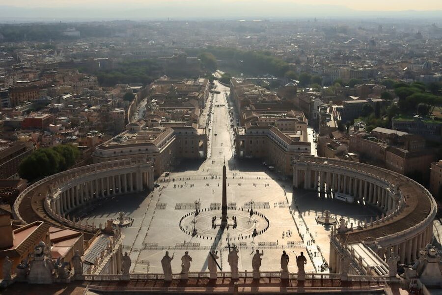 Aerial view of St Peter's Square with the Egyptian obelisk in the centre