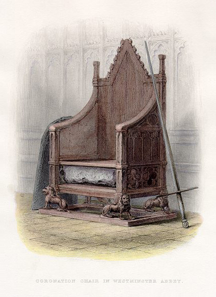 Historical engraving of the Stone of Destiny under the Coronation Chair