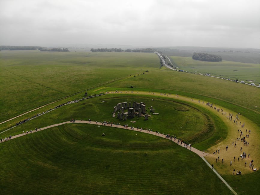 Aerial photograph of Stonehenge surrounded by green fields