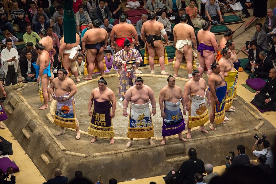 Sumo dohyo-iri ring-entering ceremony May 2014