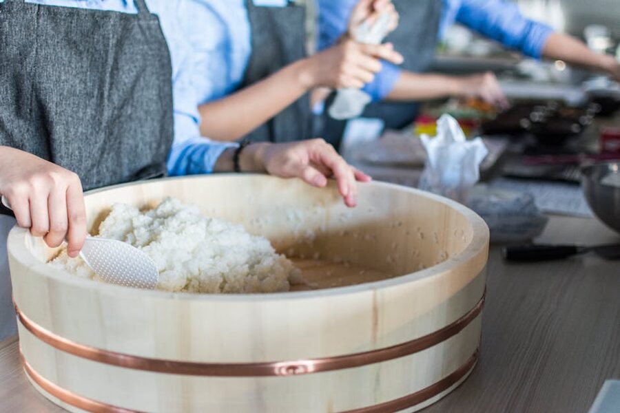 Sushi rice preparation in kitchen