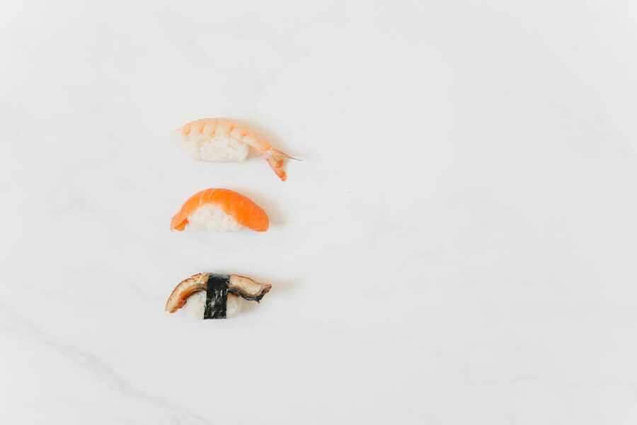 Three sushi pieces minimalist arrangement