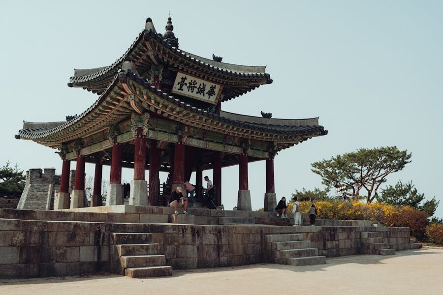 Korean pavilion at Hwaseong Fortress in spring with blossoms