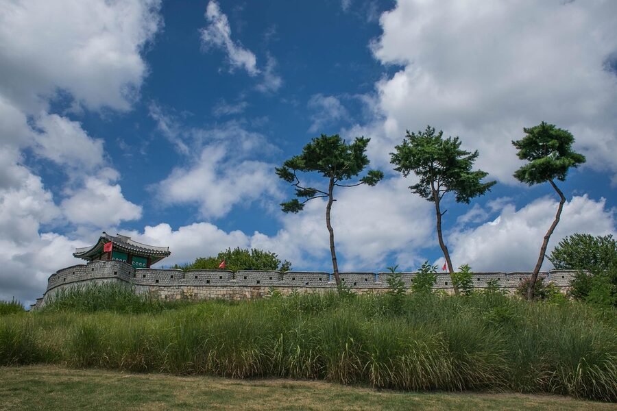 Hwaseong Fortress against sky blue UNESCO site