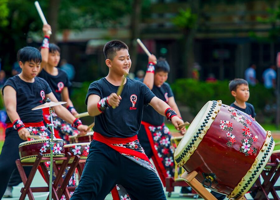 Taiko drumming group performing outdoors