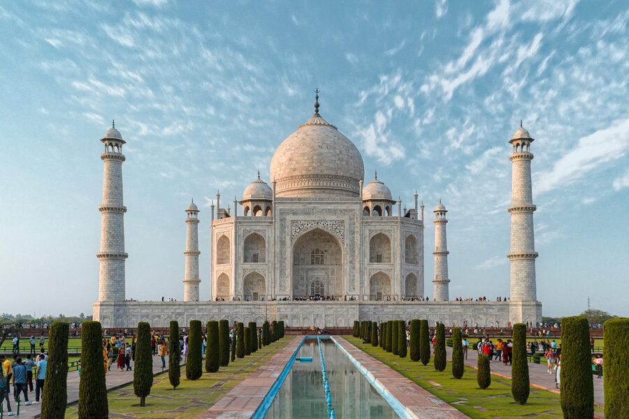 Taj Mahal front view against blue sky