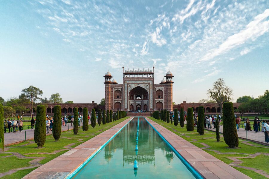 Taj Mahal main entrance gate at sunset