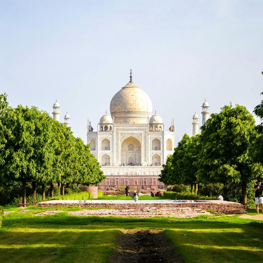 Taj Mahal framed by green trees