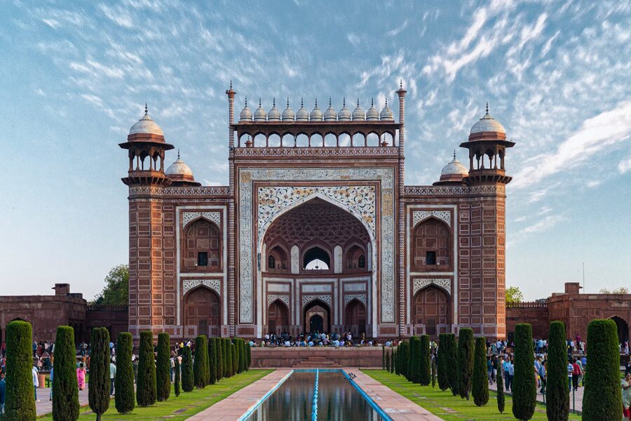 Taj Mahal at golden hour with warm afternoon light on the white marble