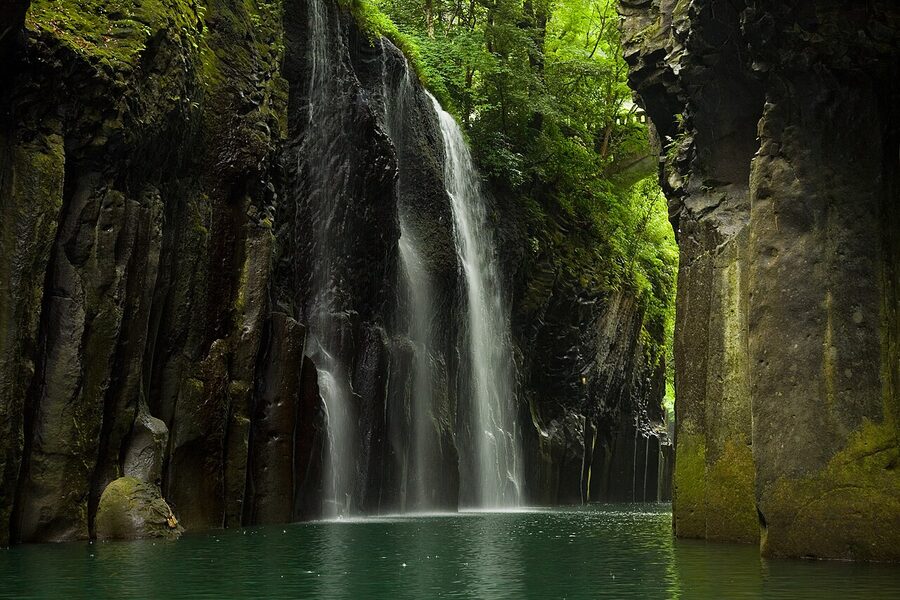 View of Takachiho Gorge from a rental boat