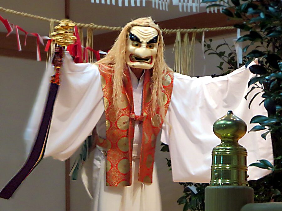 Yokagura sacred dance performed for visitors at Takachiho