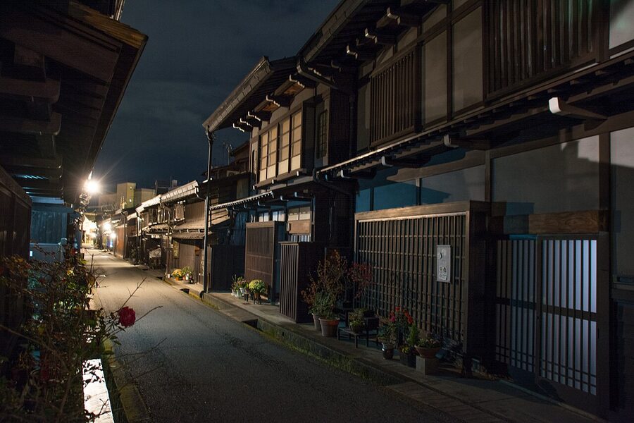 Takayama old town illuminated at night