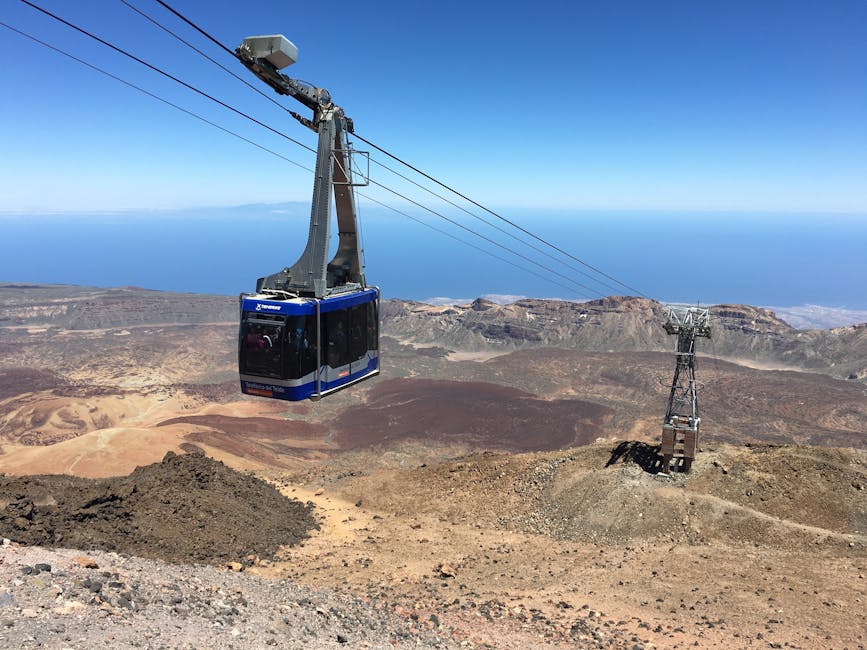 Teide cable car blue cabin over volcanic slope