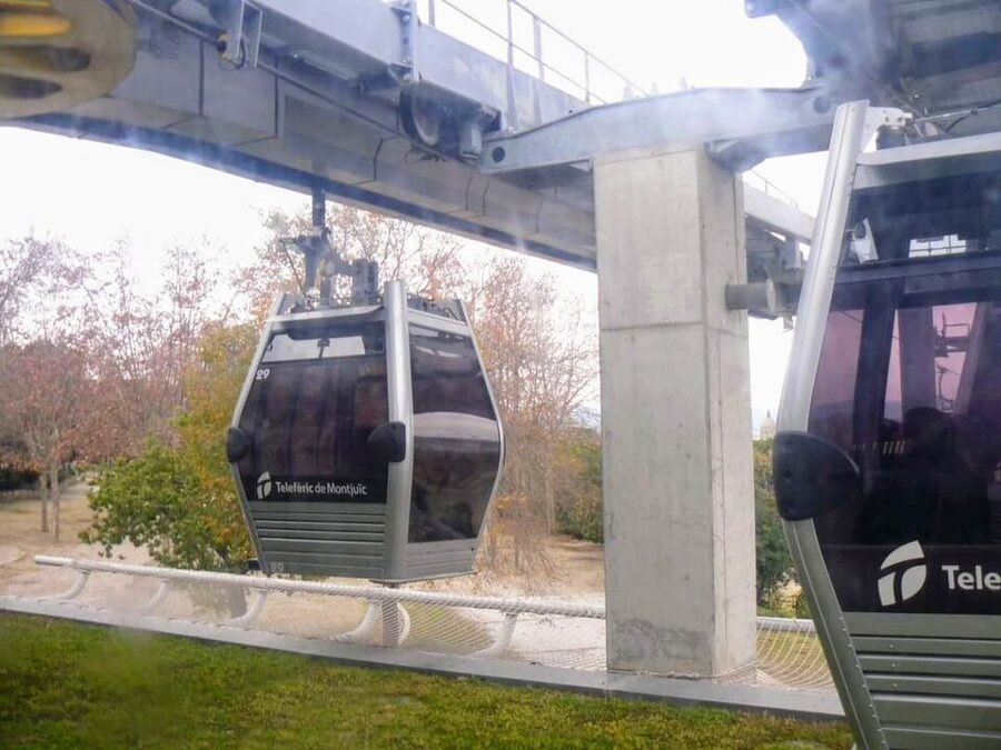 Teleferic de Montjuic cable car cabin near a station in Barcelona