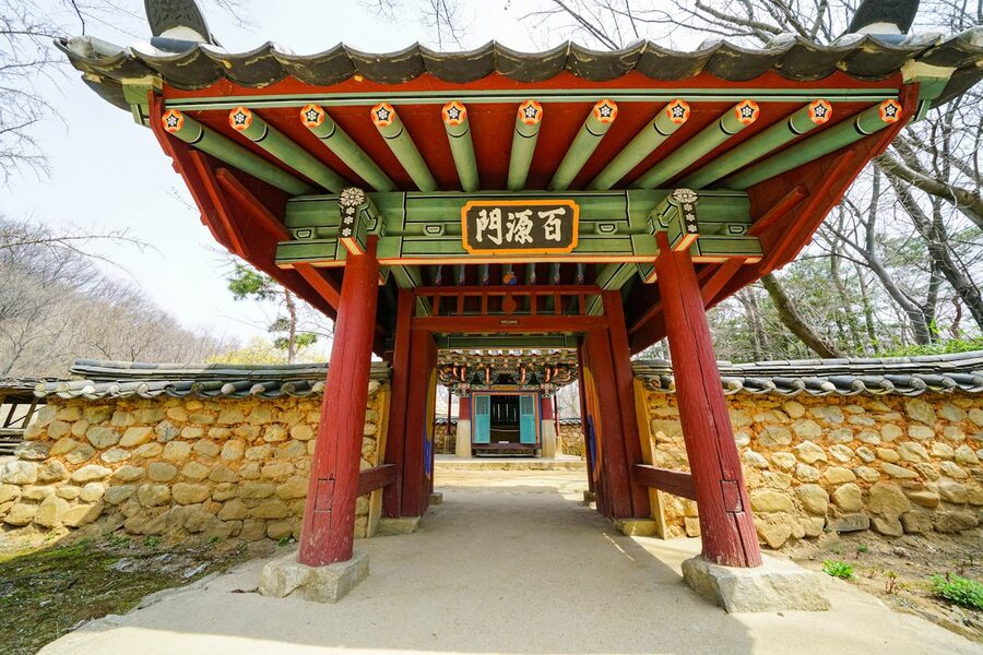 Traditional Korean temple gate with painted eaves