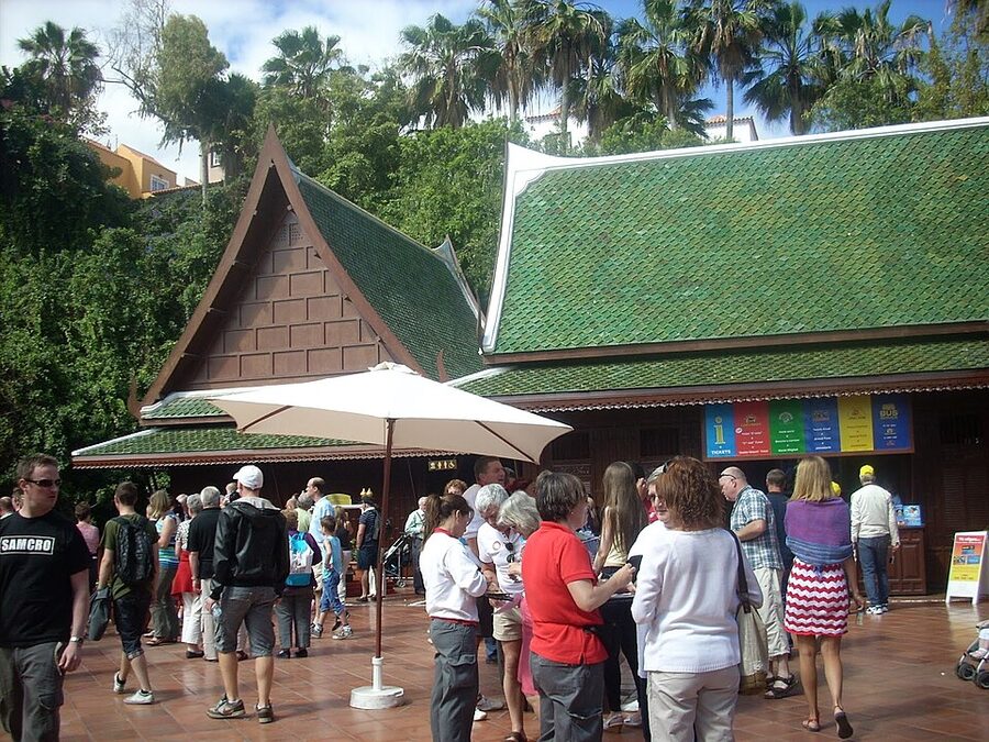 Visitors at the entrance houses of Loro Parque in Puerto de la Cruz, Tenerife
