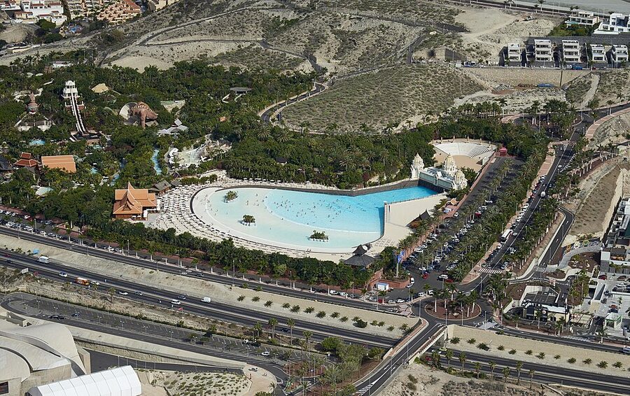 Aerial view of Siam Park water slides and Thai-themed buildings in Tenerife