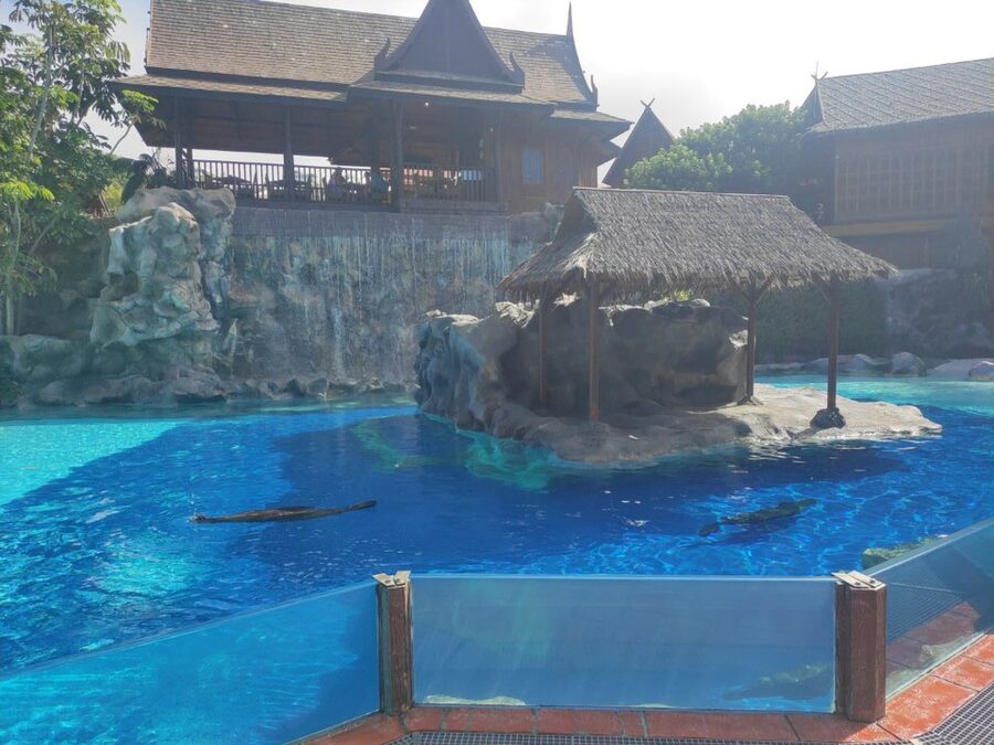 Thai-style floating market themed area inside Siam Park Tenerife