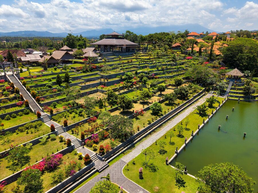 Terraced gardens and fountains at Tirta Gangga Water Palace in Bali