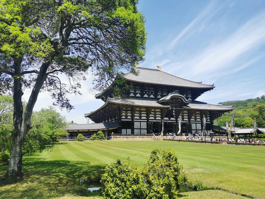 Todaiji Temple with scenic green surroundings and blue sky in Nara