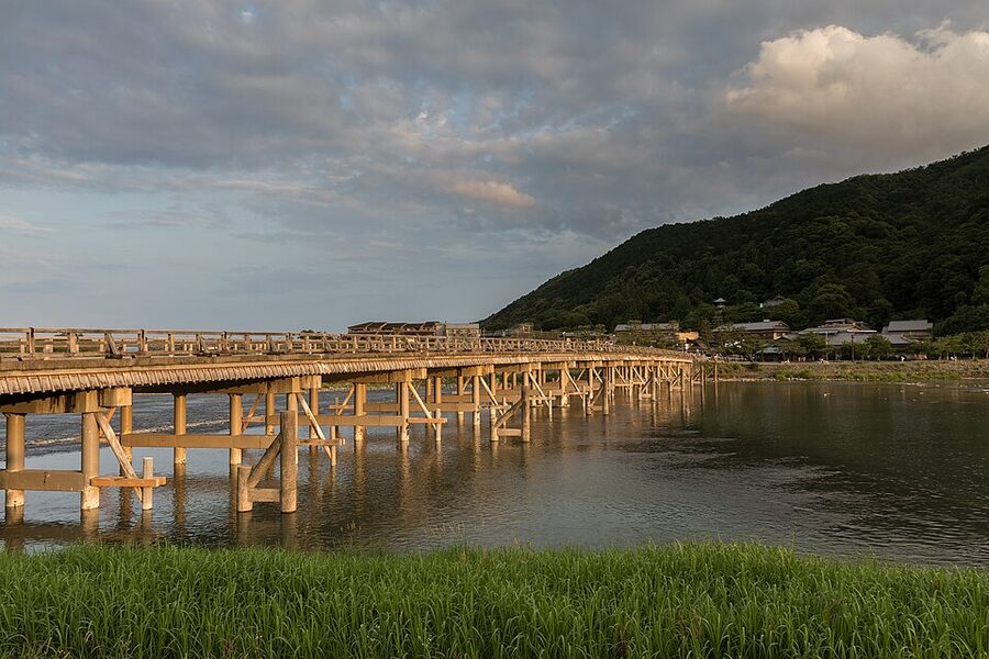 Togetsukyo Bridge at golden hour in Arashiyama Kyoto