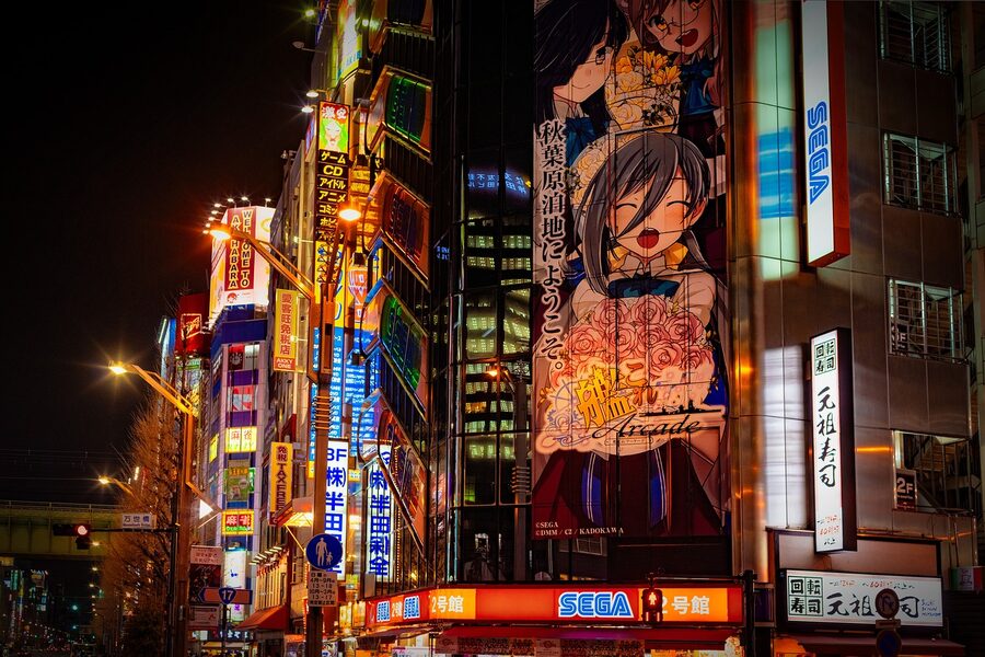 Akihabara Tokyo lights and stores at night