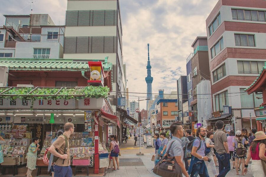Taito City Tokyo shops and Tokyo Skytree in the background