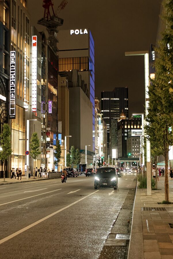 Ginza Tokyo at night with skyscrapers and lights