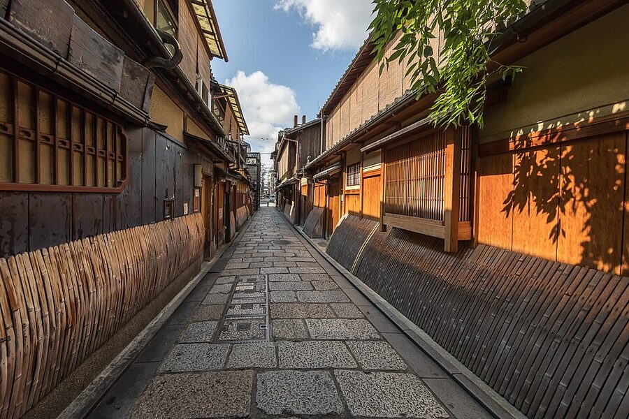 Cobbled street in Gion with wooden and bamboo facades