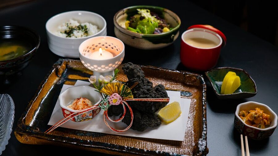Japanese meal tray with multiple small dishes