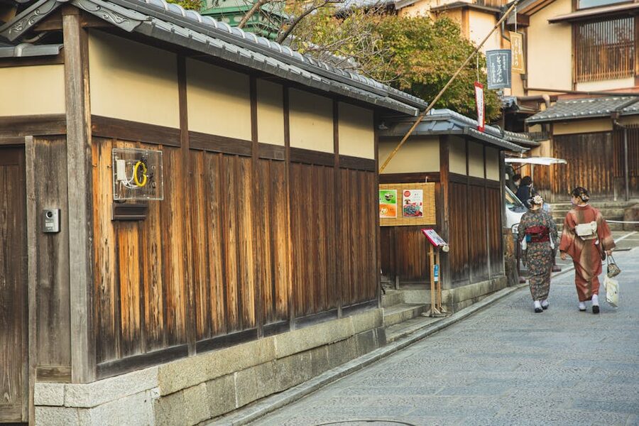 Visitors in kimono walking along a Kyoto street