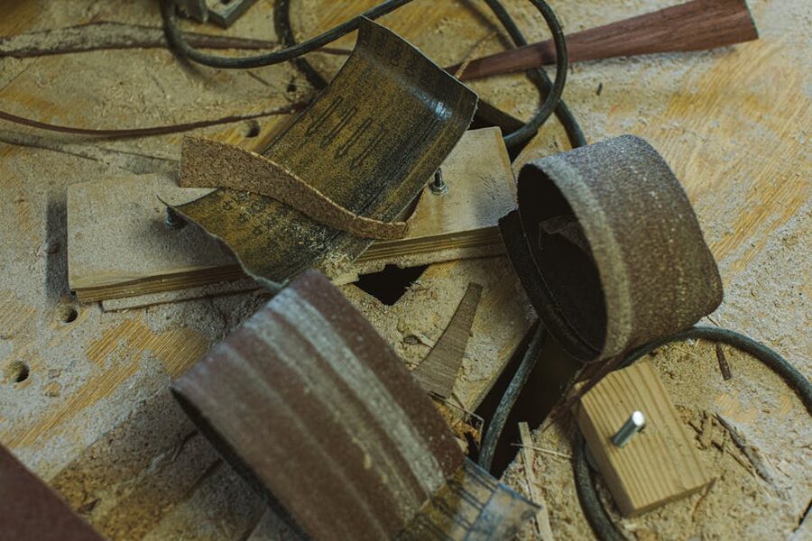 Sandpaper and sawdust on a workshop bench after sanding wood