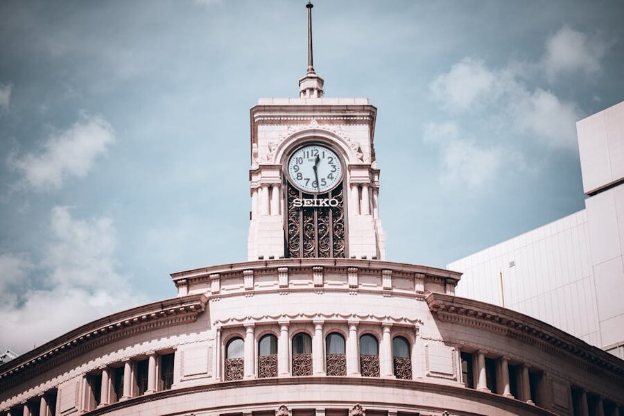 Wako Clock Tower in Ginza Tokyo seen from below