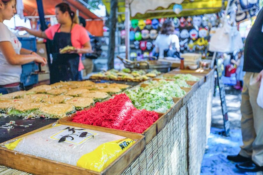 Colorful food market stall with fresh ingredients in Tokyo