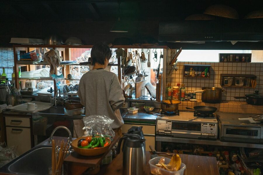 Traditional Japanese kitchen with cooking tools and ingredients laid out