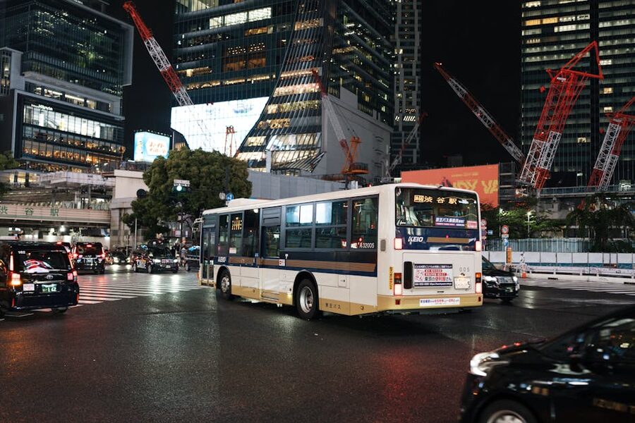 Tokyo night cityscape with bus