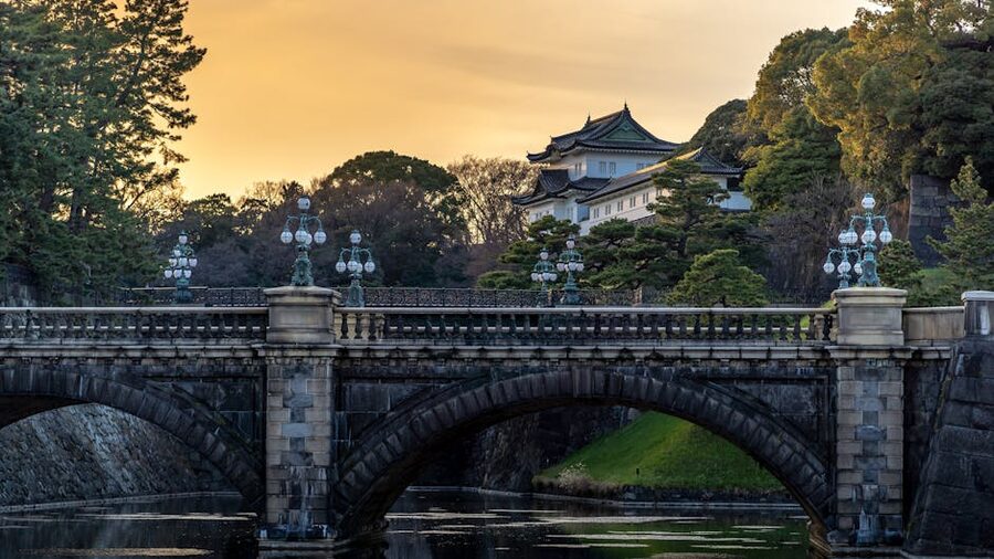 Tokyo Imperial Palace and bridge at sunset