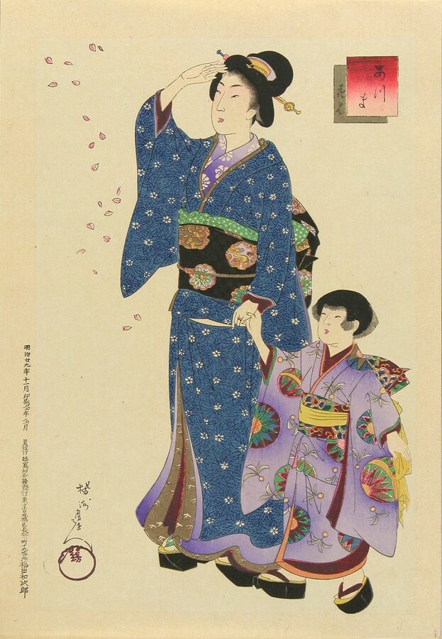 Azuma Hanami ukiyo-e print by Chikanobu depicting a woman and child watching cherry blossoms