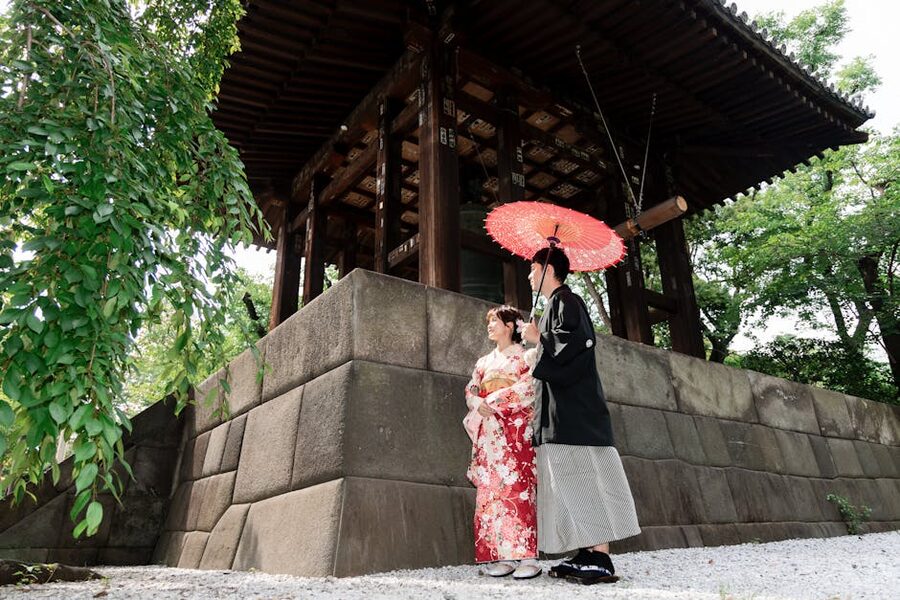 Kimono couple holding an umbrella in a Tokyo garden setting