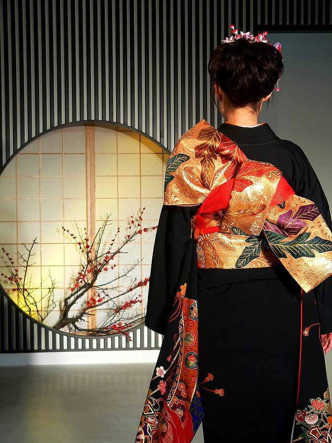 Close-up of a kimono obi sash tied at the back