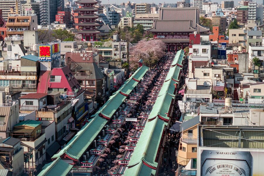 Crowd walking through Asakusa Tokyo