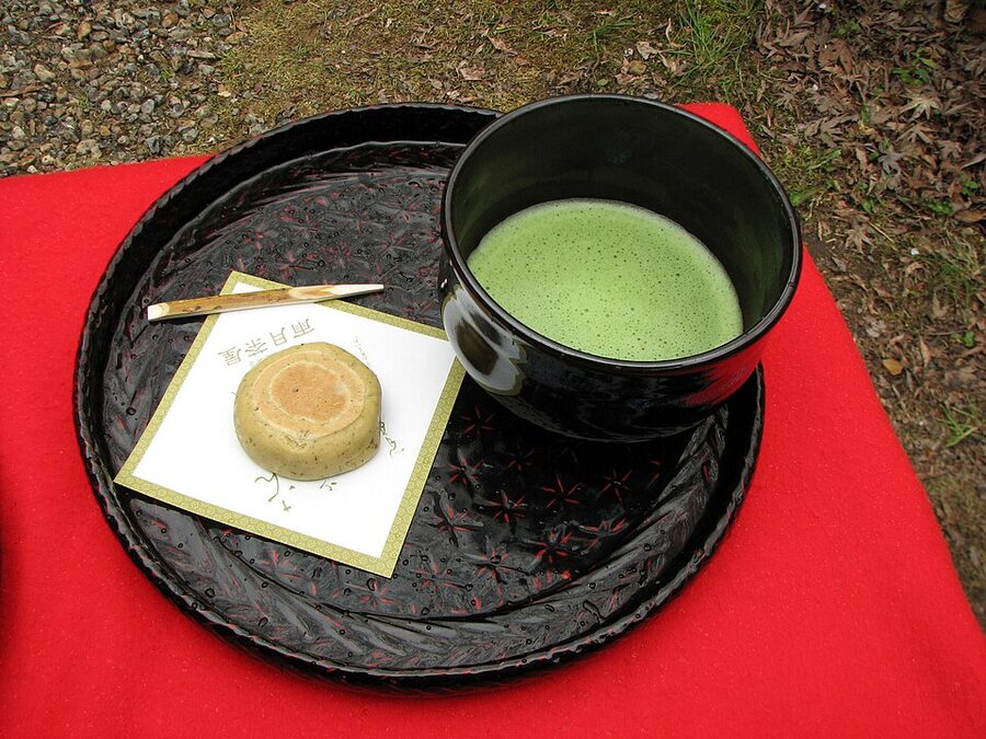 Matcha and wagashi pairing at a temple tea service