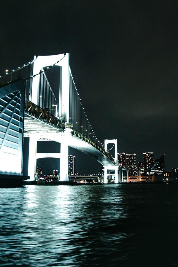 Rainbow Bridge and Tokyo skyline illuminated at night with reflections on the water